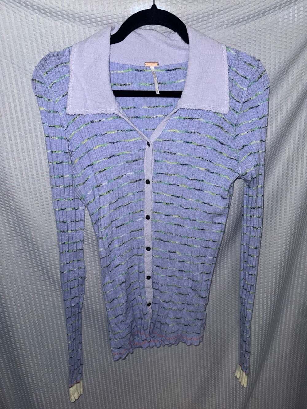 Free People Give It A Whirl Button Front Ribbed Cardigan Lavender Stripe